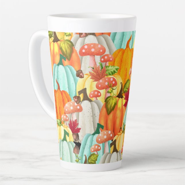 Fun Pumpkins Mushrooms And Fall Leaves Latte Mug (Left Angle)