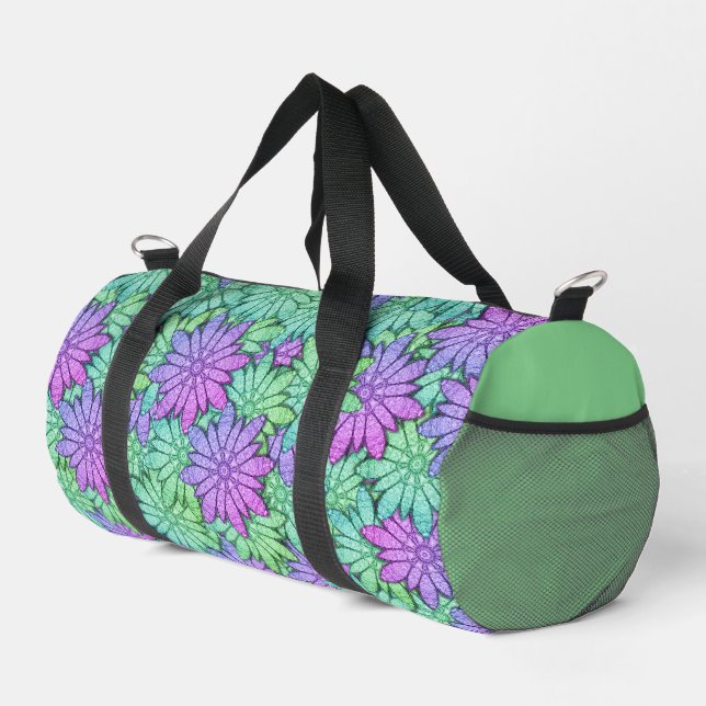 Fun Purple and Green Flowers Duffle Bag (Right Corner)