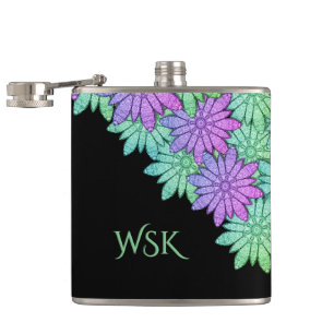 Fun Purple and Green Flowers Monogram Hip Flask