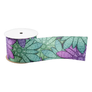 Fun Purple and Green Flowers Satin Ribbon