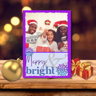 Fun Purple Blue Merry and Bright Snowflake Photo Holiday Card