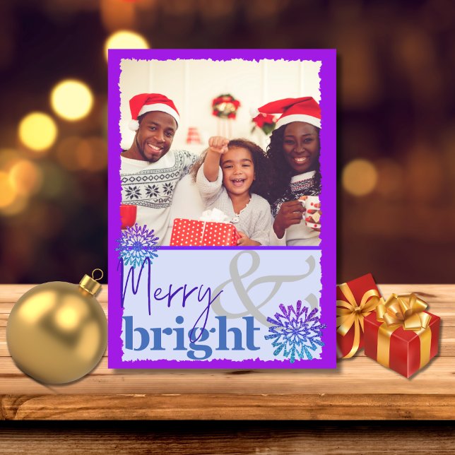 Fun Purple Blue Merry and Bright Snowflake Photo Holiday Card (Creator Uploaded)