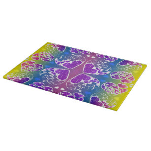 Fun Purple, blue, yellow Whimsical Hearts pattern Cutting Board