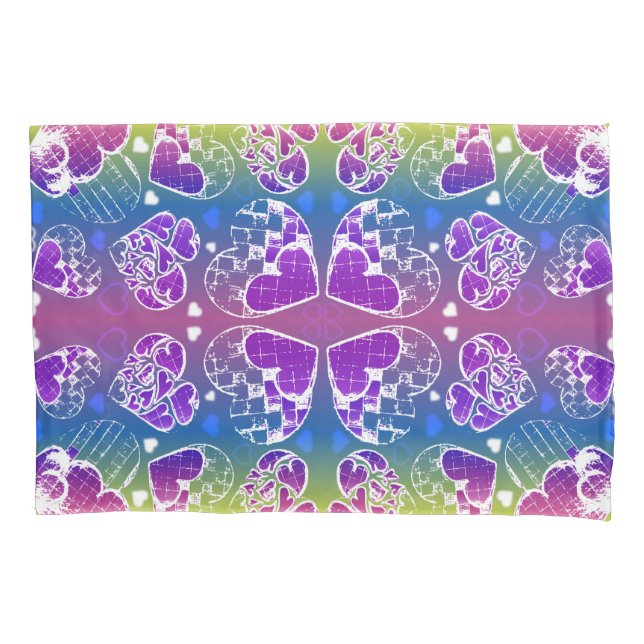 Fun Purple, blue, yellow Whimsical Hearts pattern Pillowcase (Front)