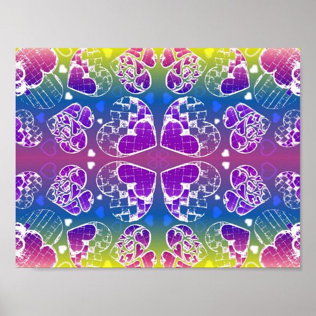 Fun Purple, blue, yellow Whimsical Hearts pattern Poster (Front)