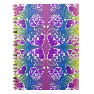 Fun Purple, blue, yellow Whimsical Hearts pattern Spiral Notebook