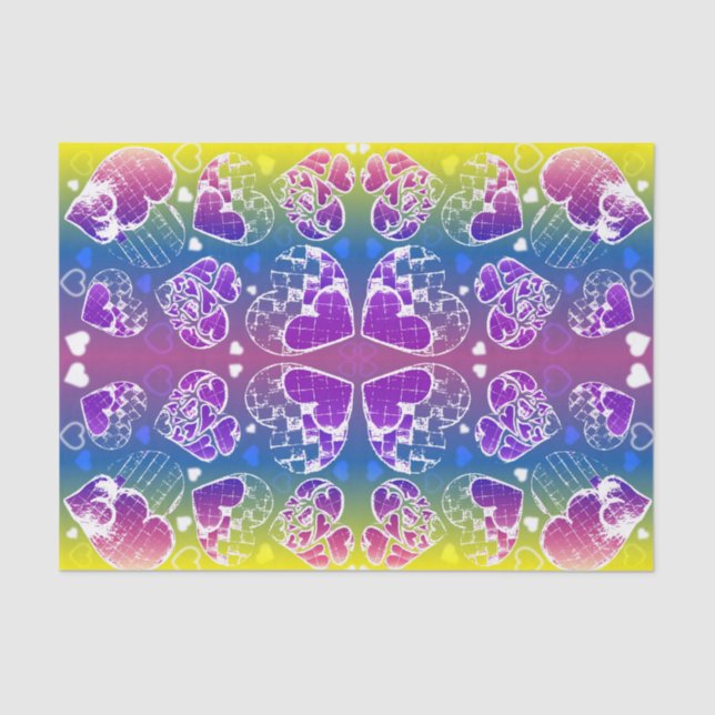 Fun Purple, blue, yellow Whimsical Hearts pattern Tissue Paper (Front)