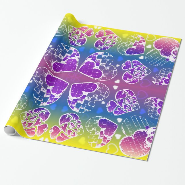 Fun Purple, blue, yellow Whimsical Hearts pattern Wrapping Paper (Unrolled)