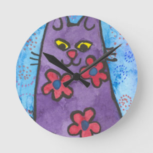 Fun Purple Flowered Cat Round Clock