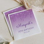 Fun Purple Glitter Drip 70th Birthday Party Napkin<br><div class="desc">These chic 70th birthday party paper napkins feature a sparkly purple faux glitter drip border and purple ombre background. Personalise them with the guest of honour's name in purple handwriting script,  with her birthday and date below in sans serif font.</div>