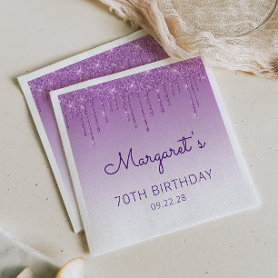 Fun Purple Glitter Drip 70th Birthday Party Napkin