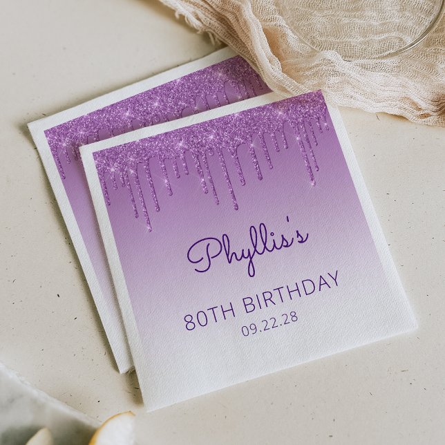Fun Purple Glitter Drip 80th Birthday Party Napkin (Creator Uploaded)