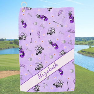 Fun purple golf cart and gear personalised name towel
