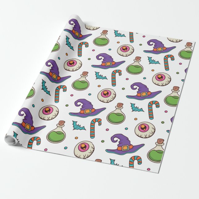 Fun Purple Halloween,Green Magic Witchy Bottle Wrapping Paper (Unrolled)