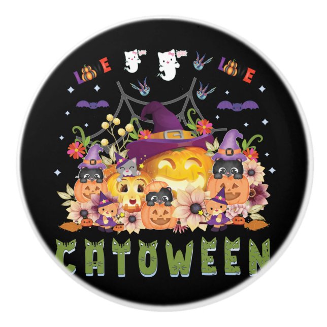 Fun Purple Hat Catoween, Cute Orange Pumpkin Ceramic Knob (Front)