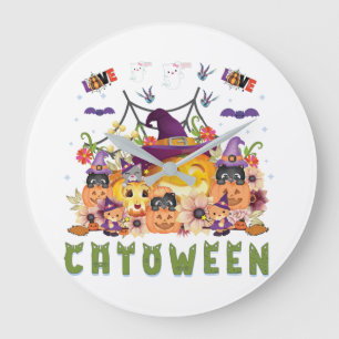 Fun Purple Hat Catoween, Cute Orange Pumpkin Large Clock