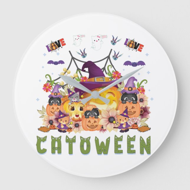 Fun Purple Hat Catoween, Cute Orange Pumpkin Large Clock (Front)