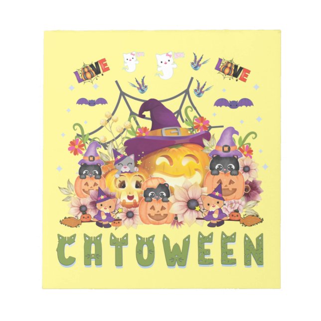 Fun Purple Hat Catoween, Cute Orange Pumpkin Notepad (Front)
