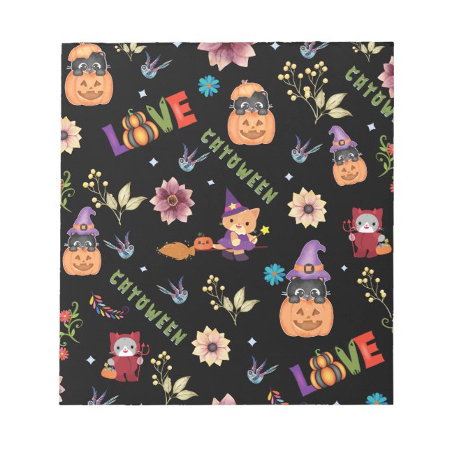 Fun Purple Hat Catoween, Cute Orange Pumpkin Notepad (Front)