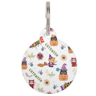 Fun Purple Hat Catoween, Cute Orange Pumpkin Pet Tag