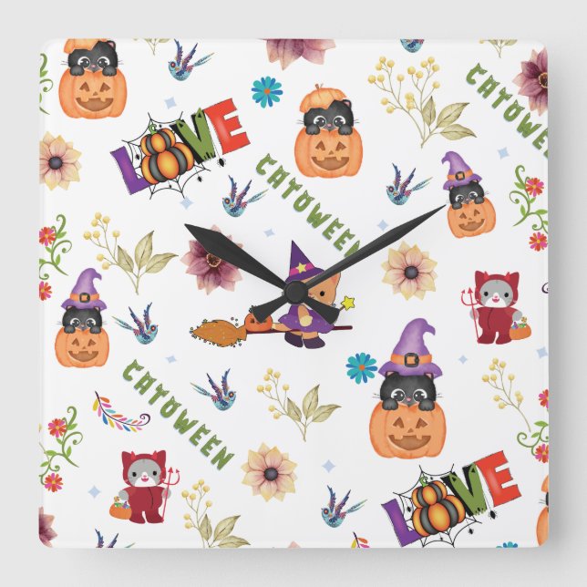 Fun Purple Hat Catoween, Cute Orange Pumpkin Square Wall Clock (Front)