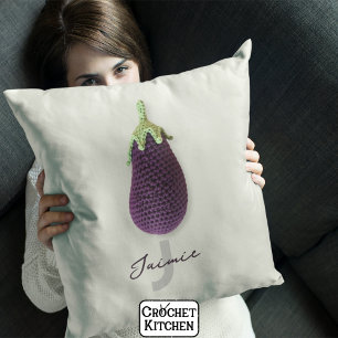Fun Purple Modern Minimal Crochet Eggplant Name Cushion