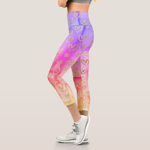 Fun Purple Pink Yellow Gold Hearts Pattern Capri Leggings