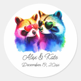 Fun Racoon Couple   Romantic Wedding  Classic Round Sticker
