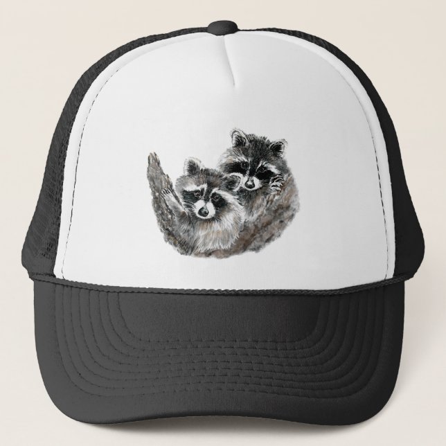 Fun Racoon Friends Animal Watercolor Wildlife  Trucker Hat (Front)