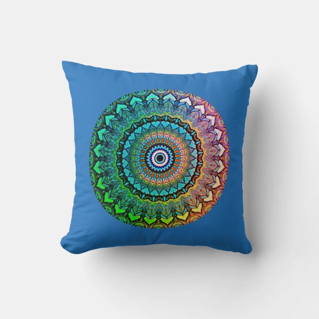 Fun Rainbow and Hearts Mandala on Blue Cushion (Front)