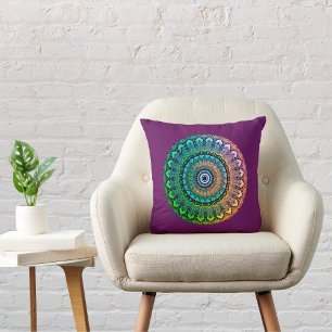 Fun Rainbow and Hearts Mandala on Eggplant Cushion