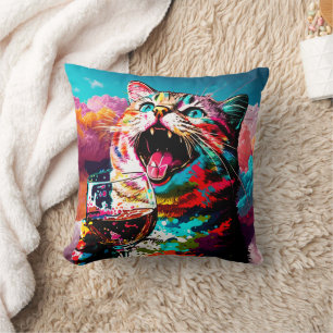 Fun Rainbow Cat and Wine Cushion