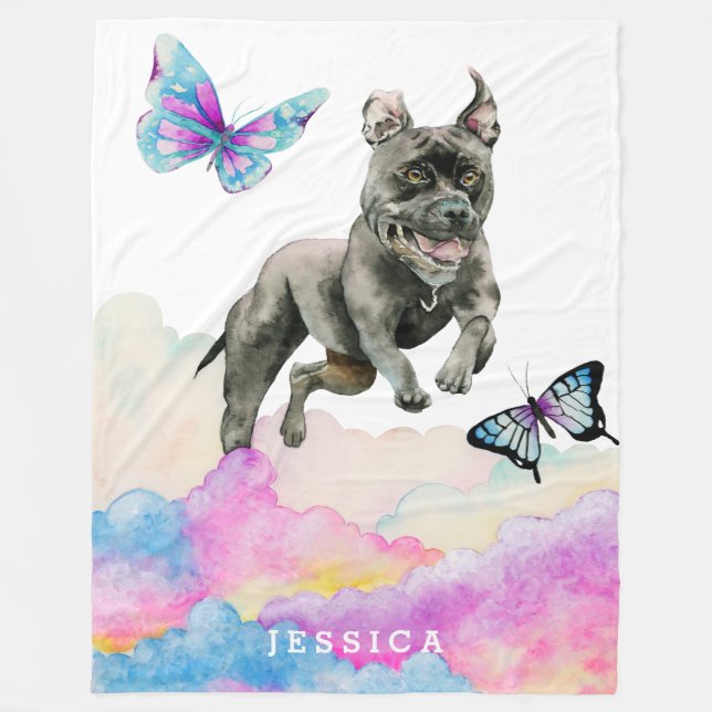 Fun Rainbow Colour Pitbull Dog Watercolor Fleece Blanket (Front)