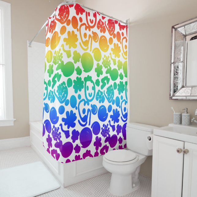 Fun Rainbow coloured spirals faces white backgroun Shower Curtain (In Situ)
