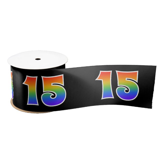 Fun, Rainbow Pattern "15" Event Number (Black) Satin Ribbon (Spool)