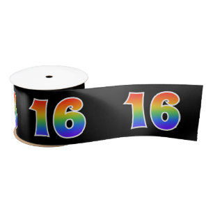 Fun, Rainbow Pattern "16" Event Number (Black) Satin Ribbon