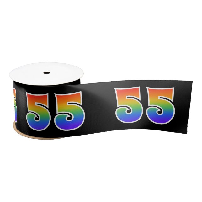 Fun, Rainbow Pattern "55" Event Number (Black) Satin Ribbon (Spool)