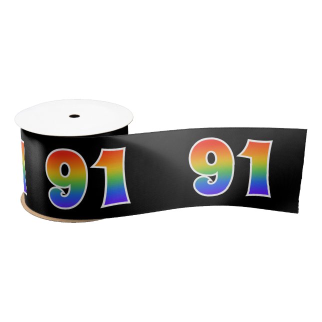 Fun, Rainbow Pattern "91" Event Number (Black) Satin Ribbon (Spool)