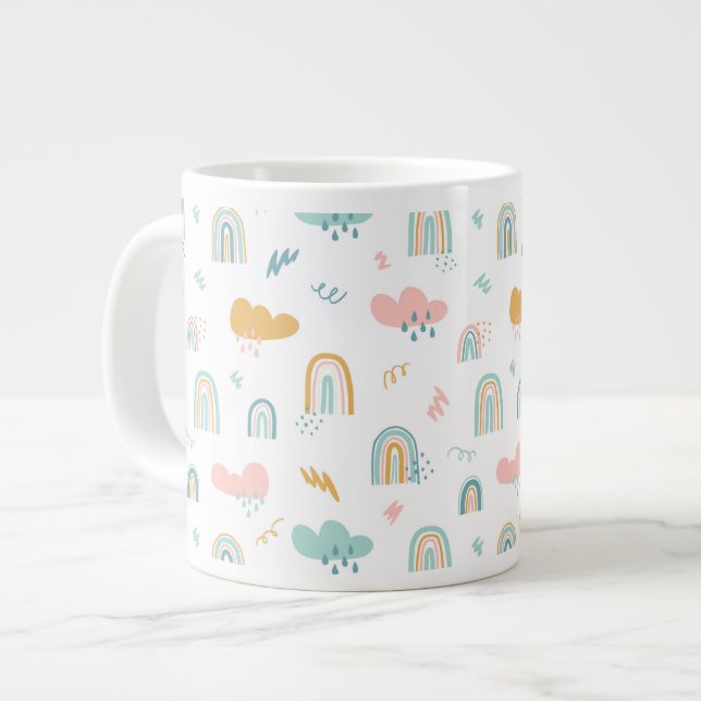 Fun Rainbow & Rain Cloud Pattern Large Coffee Mug (Front Left)
