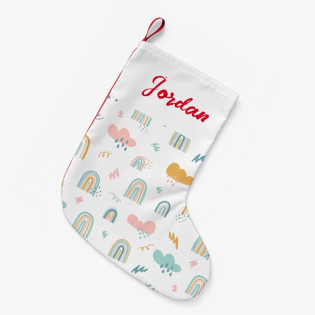 Fun Rainbow & Rain Cloud Pattern Small Christmas Stocking (Front (Hanging))