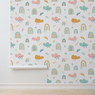 Fun Rainbow & Rain Cloud Pattern Wallpaper