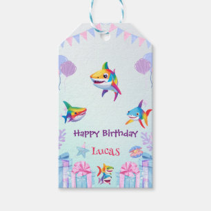 Fun rainbow shark birthday balloon party Family  Gift Tags