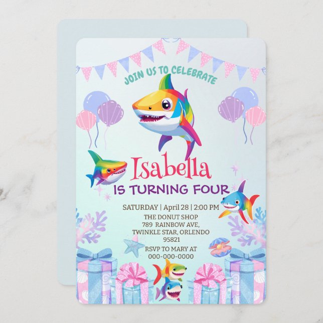 Fun rainbow shark birthday balloon party Family  Invitation (Front/Back)