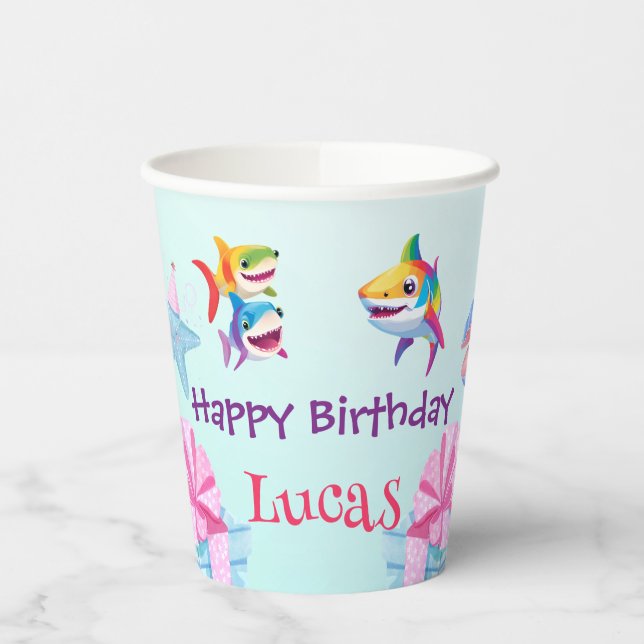 Fun rainbow shark birthday balloon party Family  Paper Cups (Left)