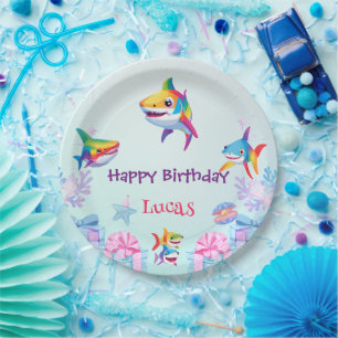 Fun rainbow shark birthday balloon party Family  Paper Plate