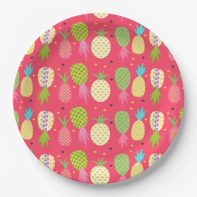 Fun Raspberry Colourful Pineapple pattern Paper Plate (Front)