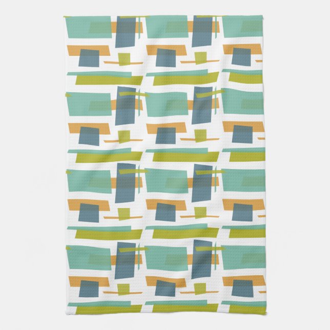 Fun Rectangles Pattern Green Orange Blue Retro Tea Towel (Vertical)