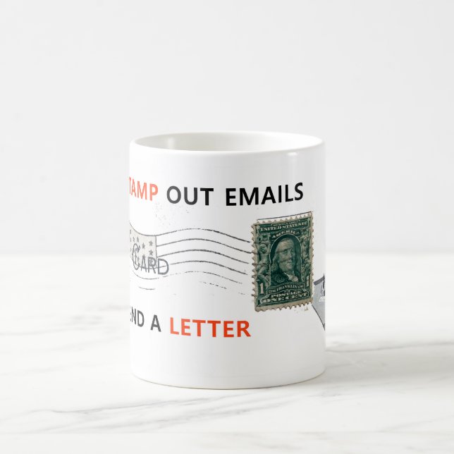 FUN RECYCLE ART: 'STAMP OUT EMAILS...' COFFEE MUG (Center)