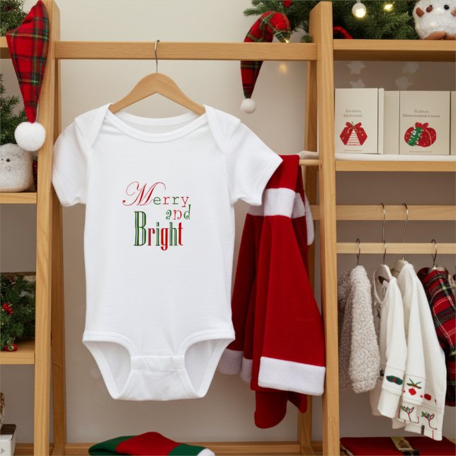 Fun Red and Green Merry and Bright First Christmas Baby Bodysuit (Creator Uploaded)