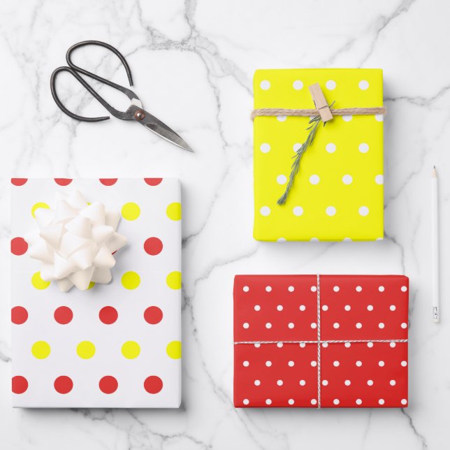 Fun Red and Yellow Polka Dots Wrapping Paper Sheet (Front)